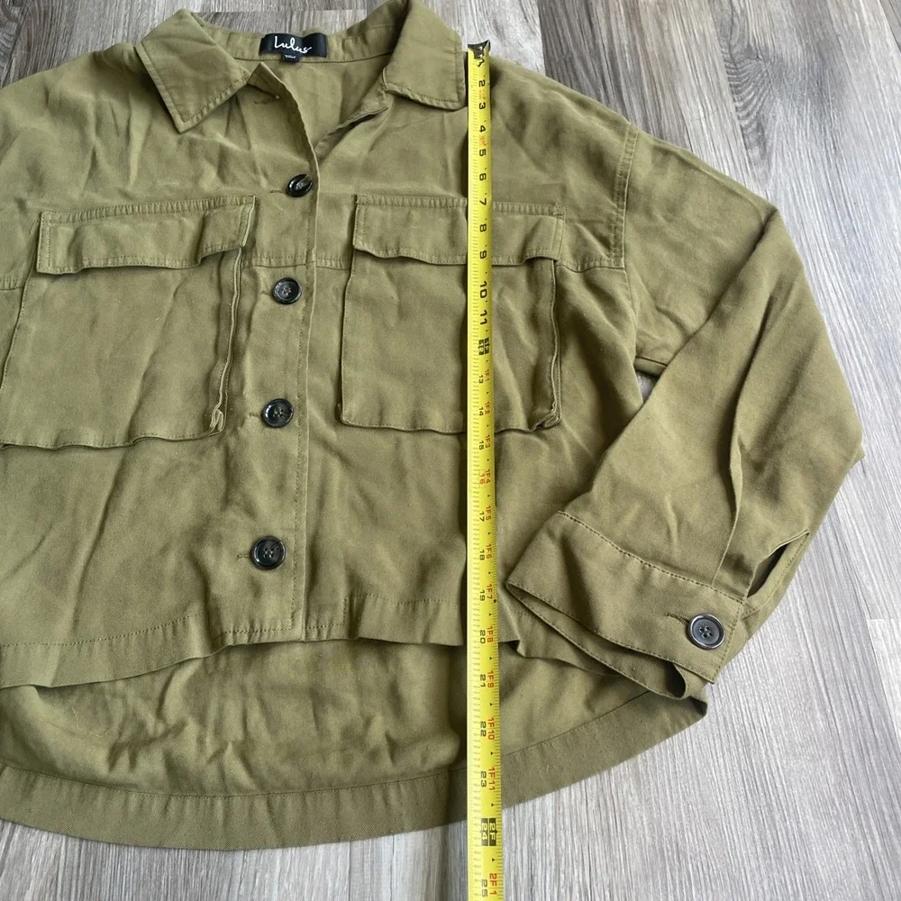 Lulus Cropped Oversized‎ Jacket Olive Green Pockets Full Button Casual Womens L